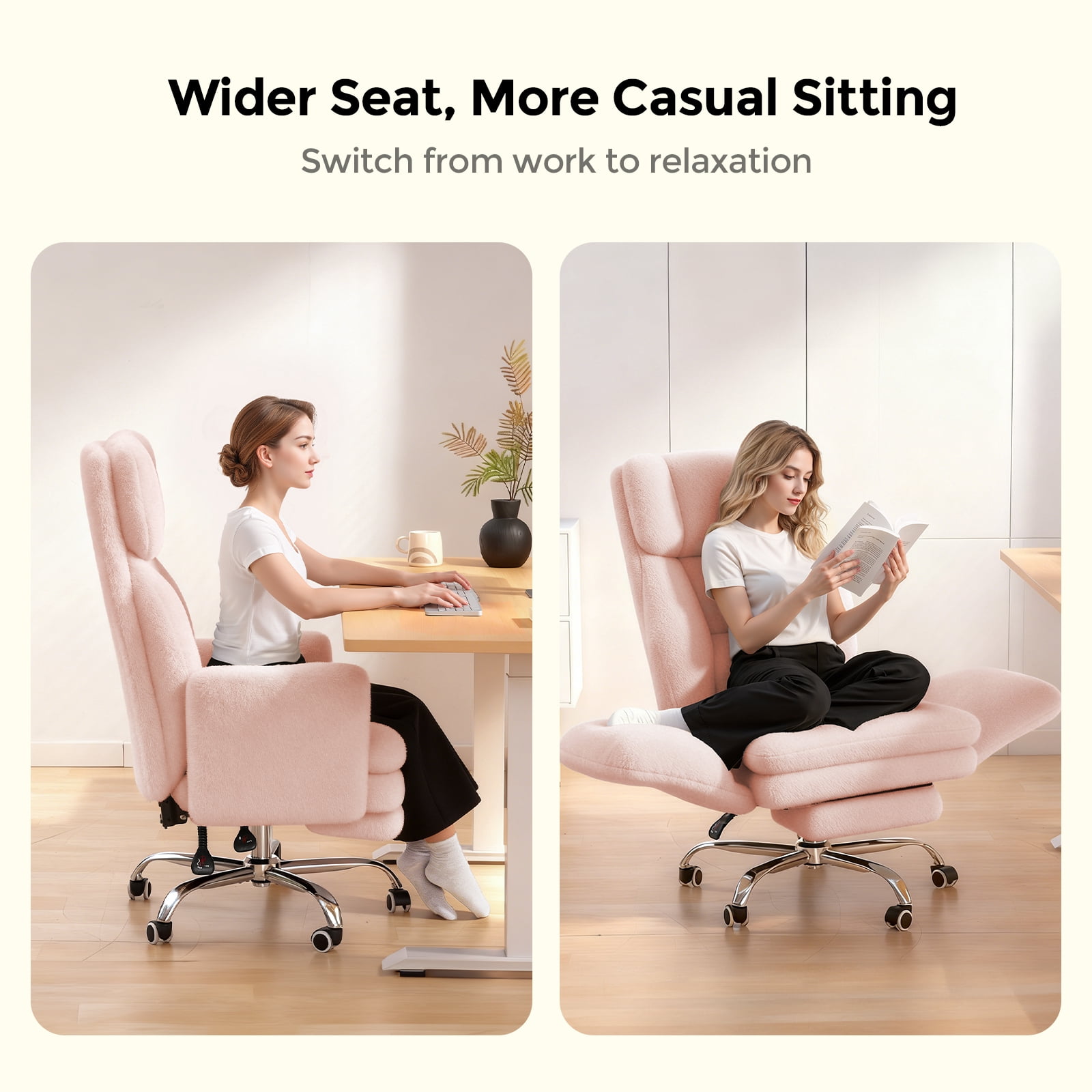 Big and Tall Office Chair, Cloud Plush Swivel Desk Chair with 6-Level Adjustable Armrests, Home Ergonomic Executive Office Chair for Work, Gaming, Pink