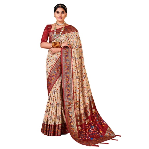 Traditional Ethnicwear Cream Silk Cotton Foil Printed Saree