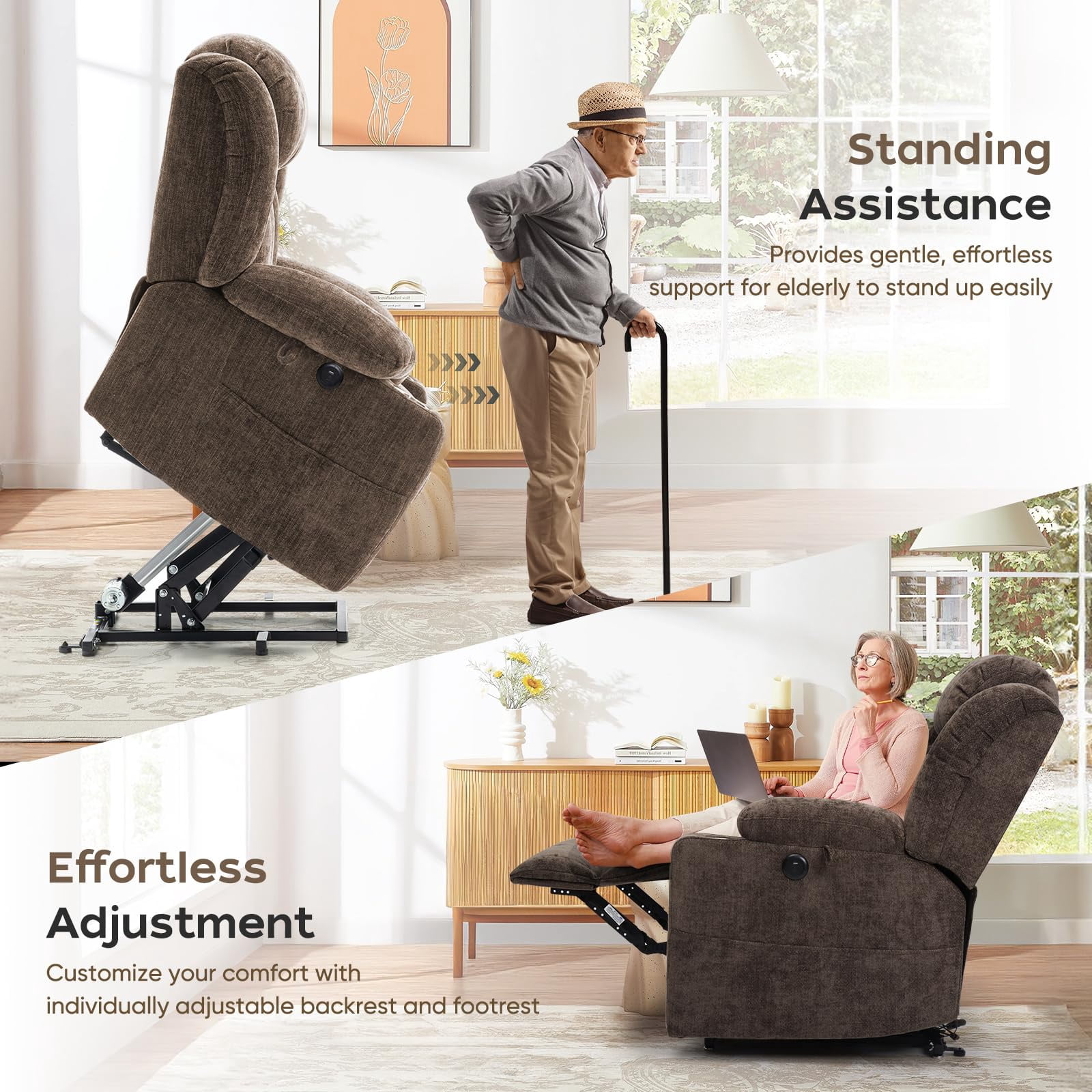 WACASA Lay Flat Recliner Chair with Heat and Massage, Dual Motor Lift Chairs for Elderly with Cup Holder, USB Ports, Oversized Power Recliners for Adults-Brown