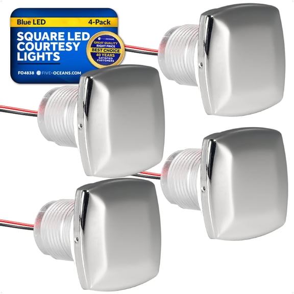 Five Oceans LED Boat Courtesy Lights, 1-5/16-Inch 316 Stainless Steel Square Cover, 4-Pack, IP67 Waterproof, Blue 3LM, 12V, Thru-Hull Mount for Livewell & Underwater Light on Boats - FO4838