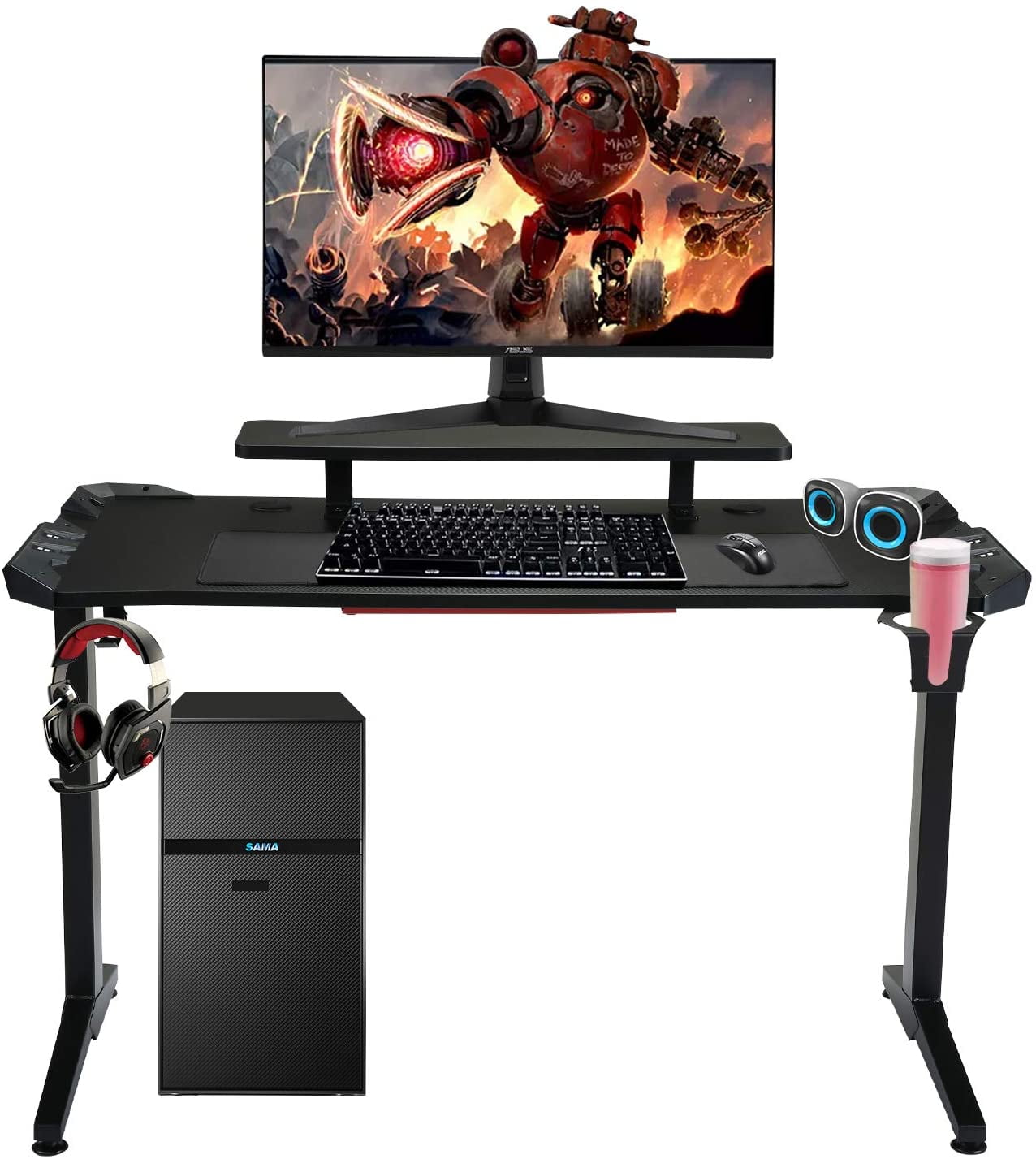 48” 2-Tier Gaming Desk Z Shape Workstation w/ LED Lights Mousepad Monitor Shelf 
