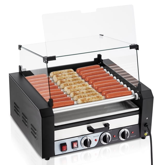 Machine de Gril à Rouleaux pour Hot-Dogs Commerciale à Grande Capacité - 11 Rouleaux en Acier Inoxydable, Capacité de 30 Hot-Dogs, 1950 W, Commandes de Température Doubles, Plateau d'Égouttement Amovible, Capuchon en Verre, Chauffe-Petits Pains Intégré