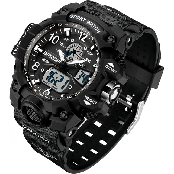 Womens Digital Sports Watch 5ATM Waterproof Watch LED Light Large Face Analog Multifunctional Wrist Watches with Alarm Stopwatch Calendar Hourly Chime