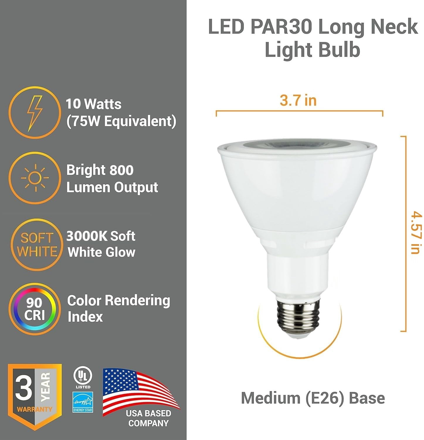 Diodesy- Pack of 2 PAR30LN/LED/10W/FL40/DIM/ES/90/30K PAR30LN Long Neck Flood Light Bulb, 10W (75W Equivalent), Dimmable, 3000K Soft White, 800 Lumens, E26 Base for Security Spotlight Recessed Bulb