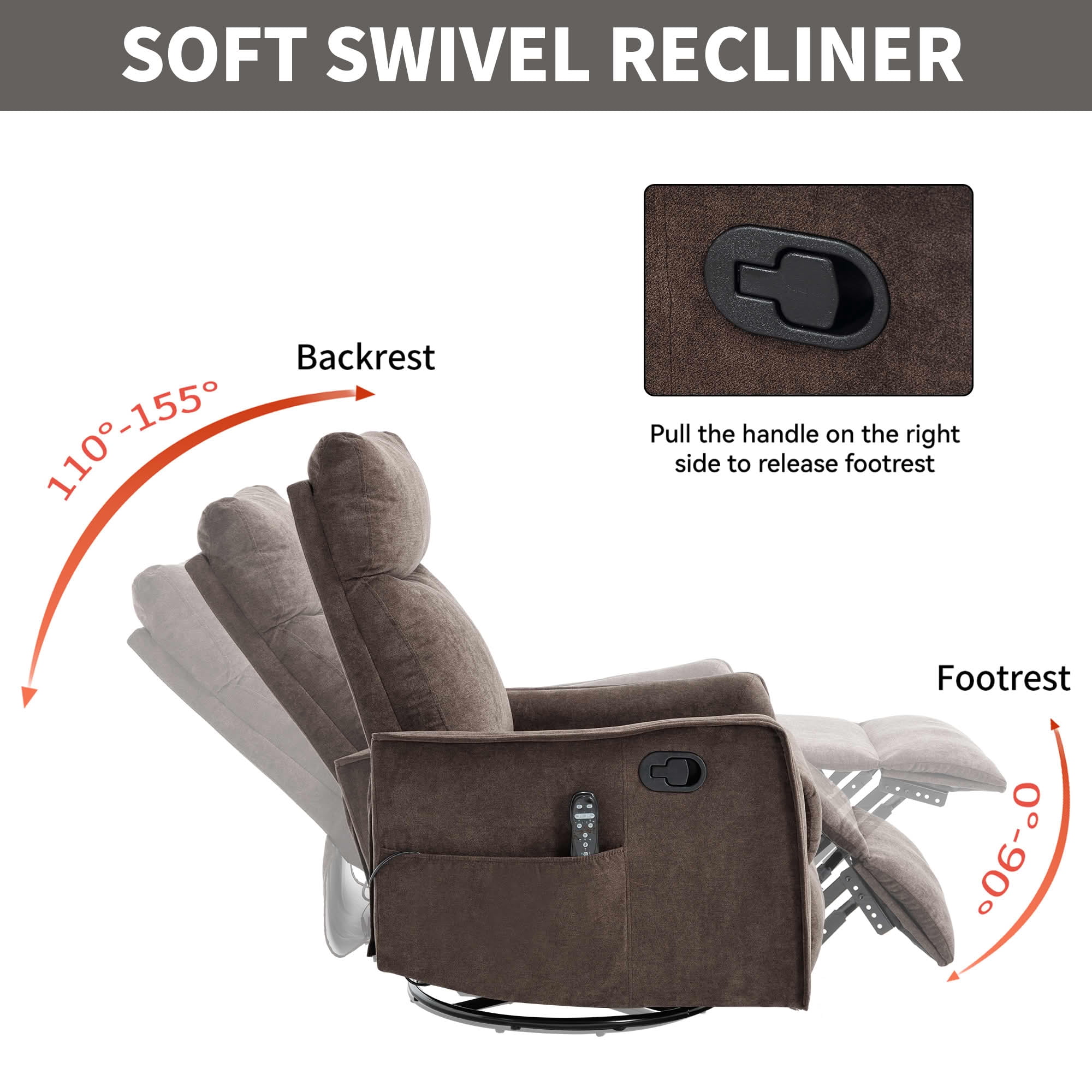 MAYEERTY Brown Heat Massage Recliner Chair, 360° Swivel Rocker 27"x36"x40" for Living Room
