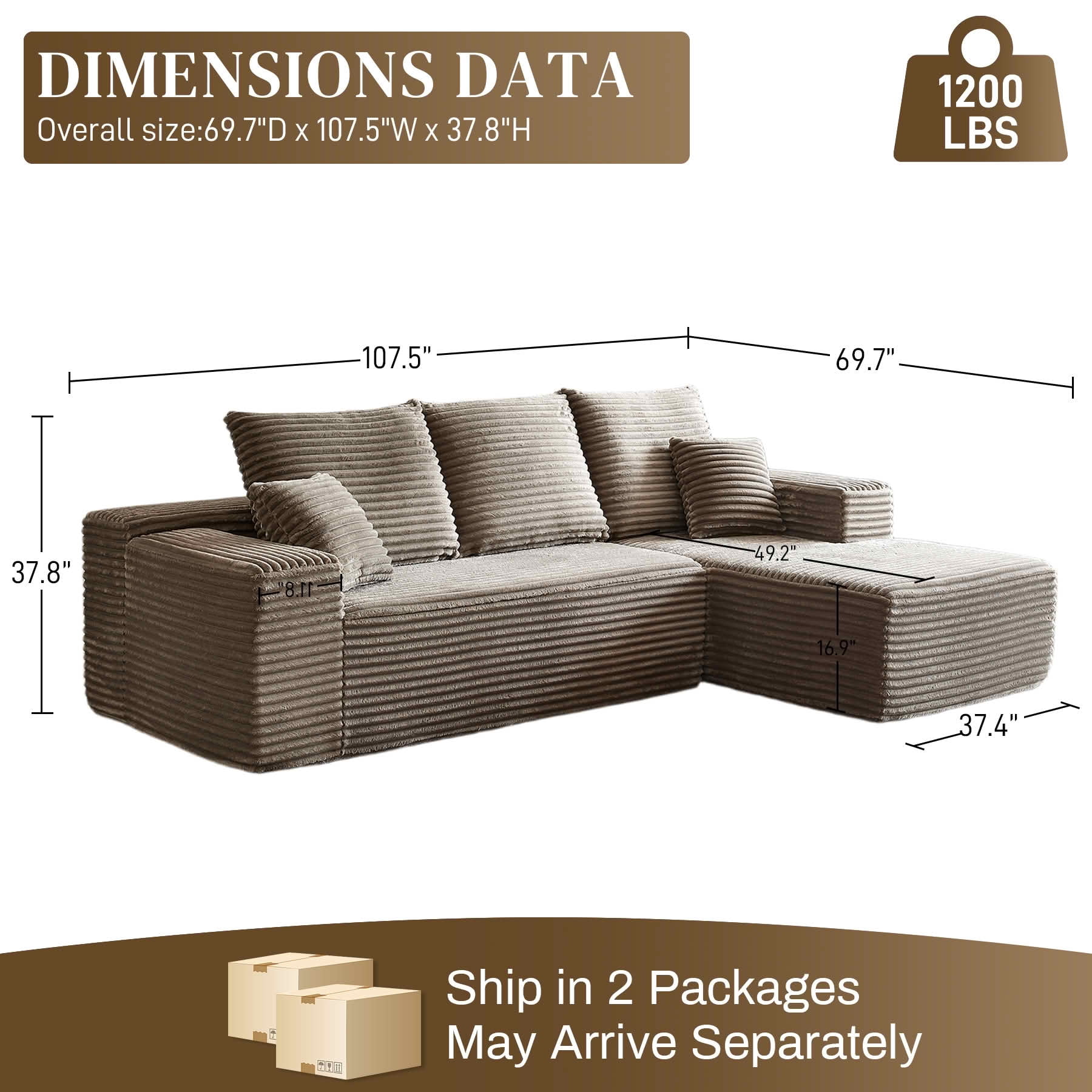 MAYEERTY 107-Inch Brown Faux Rabbit Hair Corduroy 6-Seat L-Shaped Modular Cloud Sofa, Minimalist Deep Seat Sleeper Sectional with Recliner, No Assembly Required