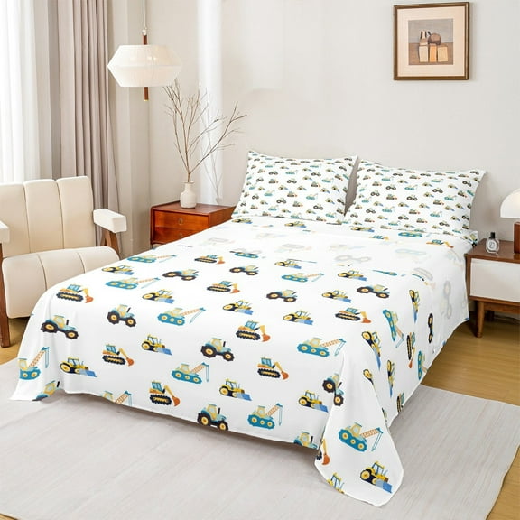 Manfei Excavator Bulldozer Twin Sheet Sets,Construction Vehicles Twin Fitted Sheet,Yellow White Blue Flat Sheet For Boys Kids,Super Cozy Room Decor,3pcs