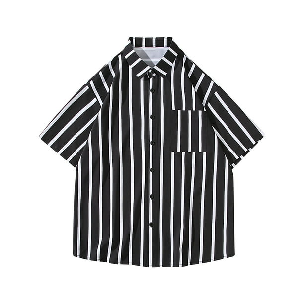 Cárdigan de Manga Corta, Personalidad Casual Raya Impresión Botón Solapa Camisa de Moda para Hombres Hecha de Poliéster Cómodo, Camisas de Manga Corta para Hombre