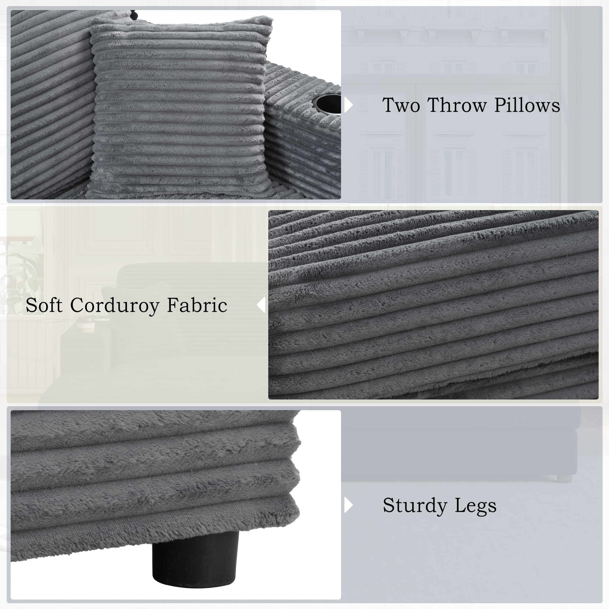 Euroco 86.5" Oversized Loveseat Chaise Lounge Sectional Sofa Bed Corduroy Sleeper Sofa with Two USB Ports , Two Cup Holders and Two Throw Pillows for Living Room and Bedroom, Dark Gray