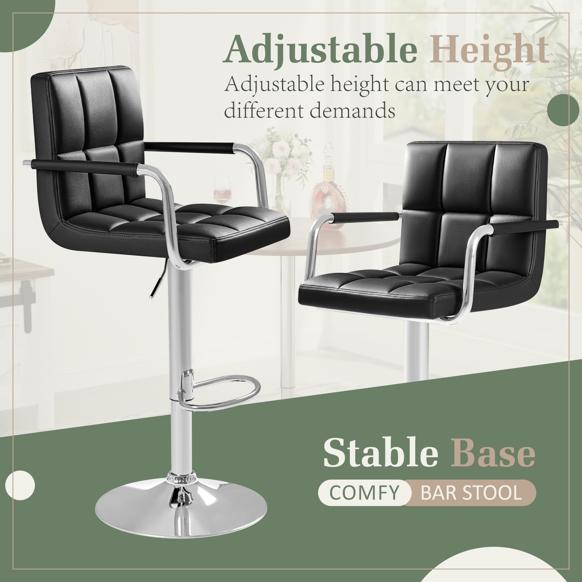 Homall Bar Stools Set of 2 Modern PU Leather Height Adjustable Hydraulic Kitchen Counter Square Island Swivel Barstool with Armrest, Black