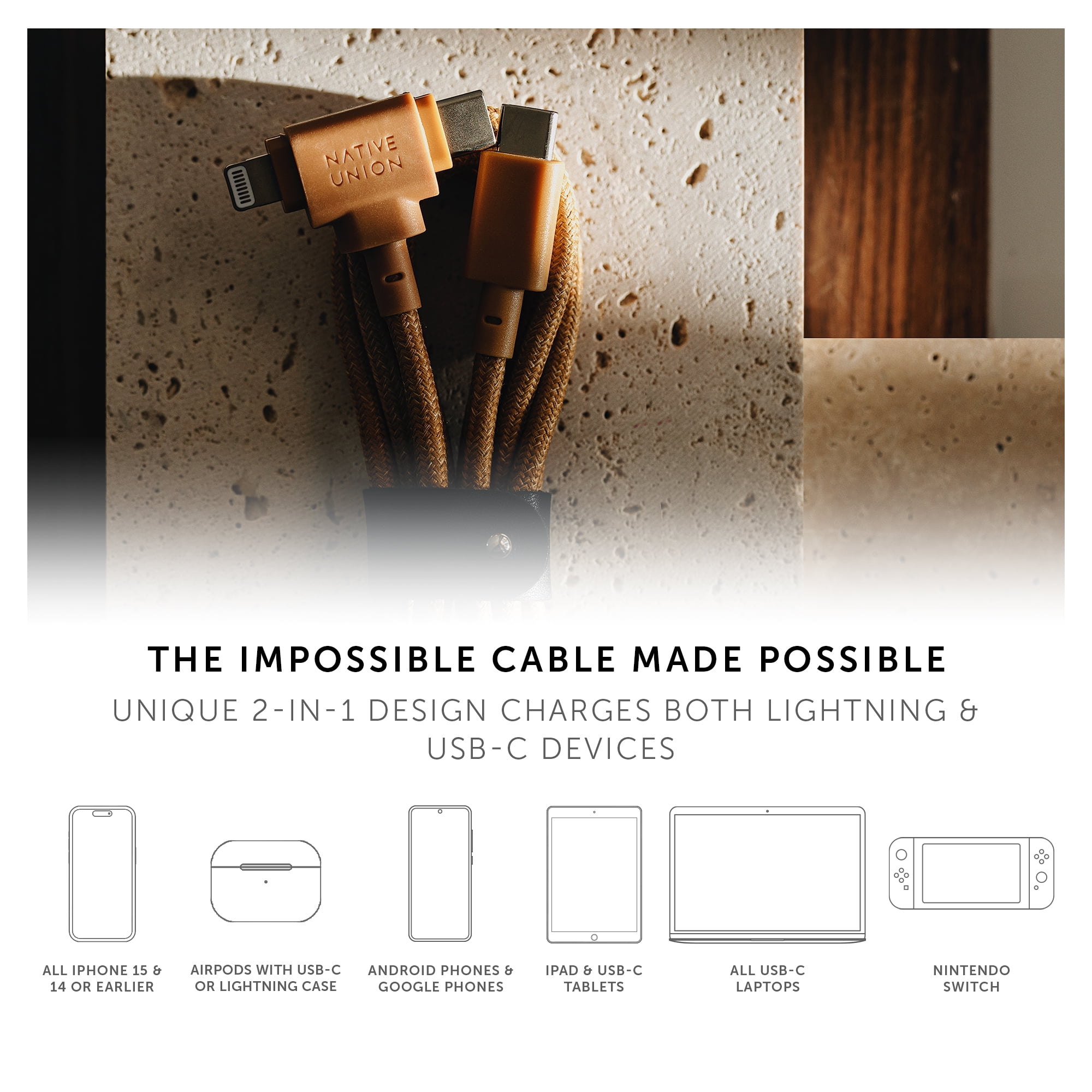 Native Union Belt Cable Duo - 2-in-1 5ft Durable Universal USB-C and Lightning Charging Cable (Zebra)