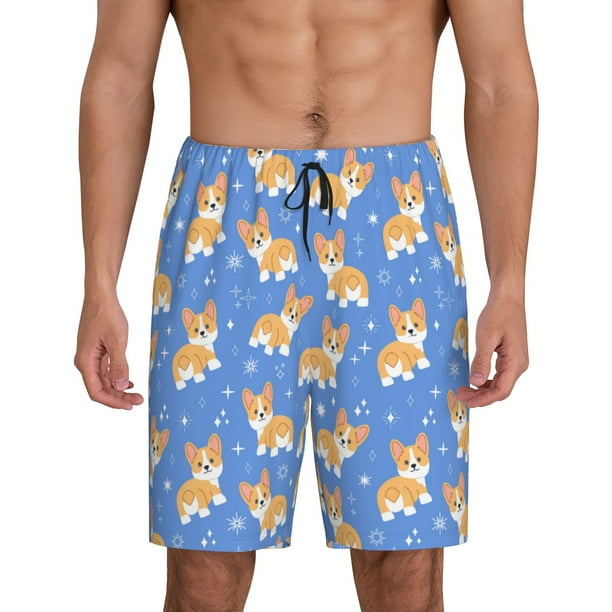 Balery Kawaii Corgi Pantalones cortos de pijama de punto de algodón para hombre con cinturilla y bolsillos-3X-Large