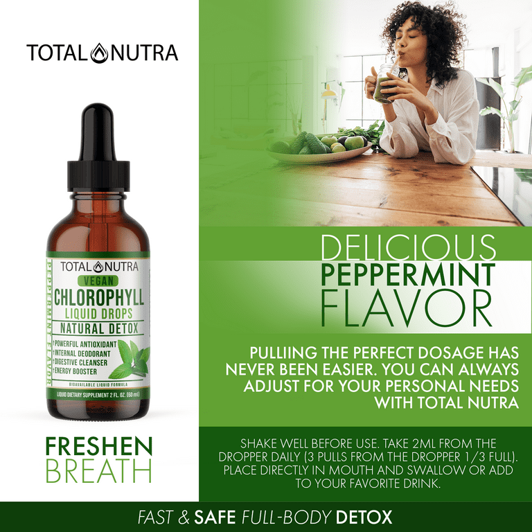 Total Nutra Mint Flavored Liquid Chlorophyll Drops – Helps to Eliminate  Body Odor, Liver Detox- Immune Support - Vegan Drop from Mulberry Leaves -  2 Oz. 