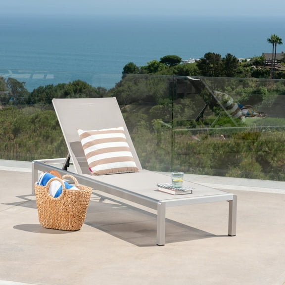 GDF Studio Crested Bay Outdoor Mesh and Aluminum Armless Adjustable Chaise Lounge, Gray and Silver