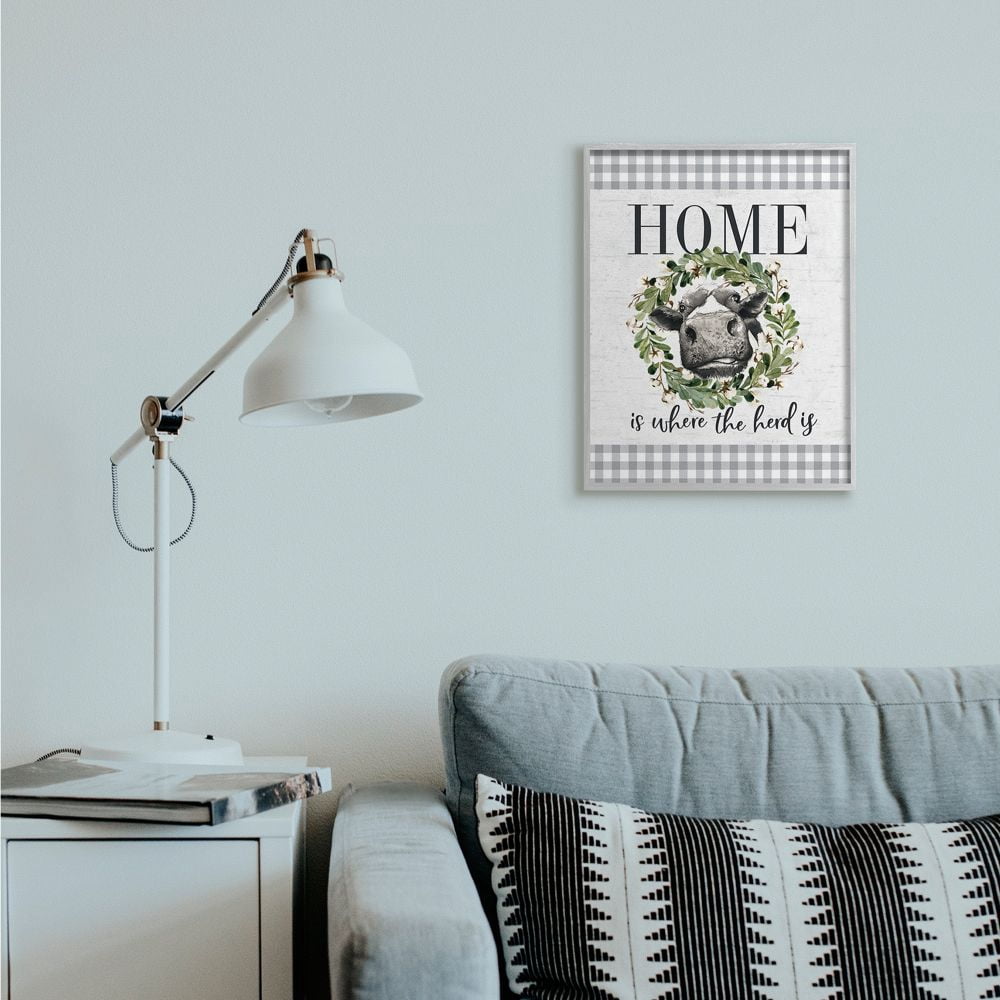 Stupell Industries Home is Where the Herd Is Farm Cow Pun Framed Wall Art Design by Lettered and Lined, 16" x 20", Gray Framed