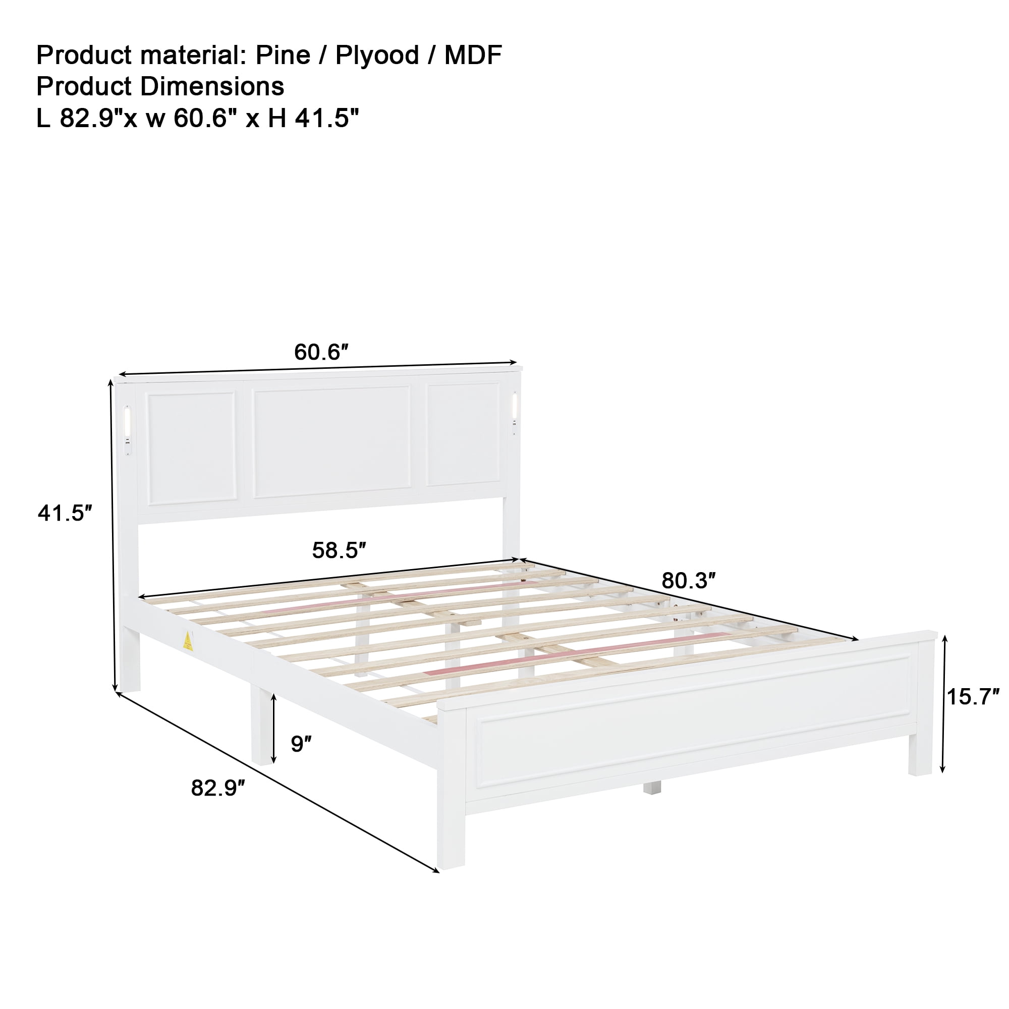 Aukfa Queen Size Solid Wood Bed Frame with LED Headboard, USB & Type-C Charging Station, Farmhouse Platform Bed with Pinewood Slat Support, White