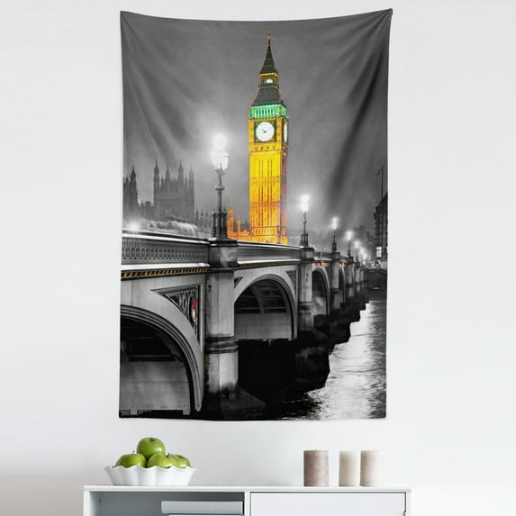 Black and White Tapestry, Big Ben at Night London Westminster Bridge Grayscale Scenery, Fabric Wall Hanging Decor for Bedroom Living Room Dorm, 5 Sizes, Earth Yellow and Green, by Ambesonne