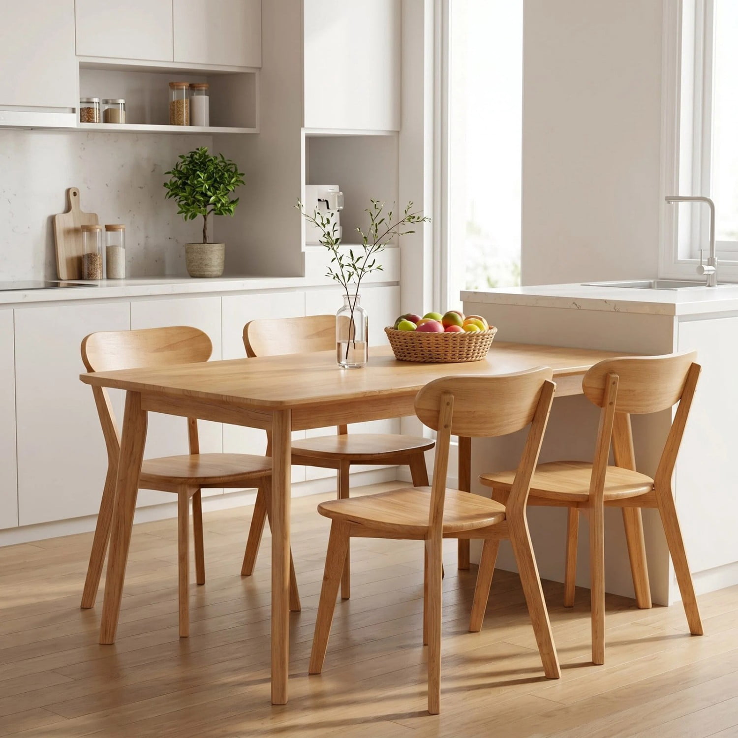 100% Natural Solid Wood Dining Chair Mid Century Modern Kitchen Chair with Curved Backrest Adjustable Foot Pads Walnut Dining Room Living Room Study Chair, Natural