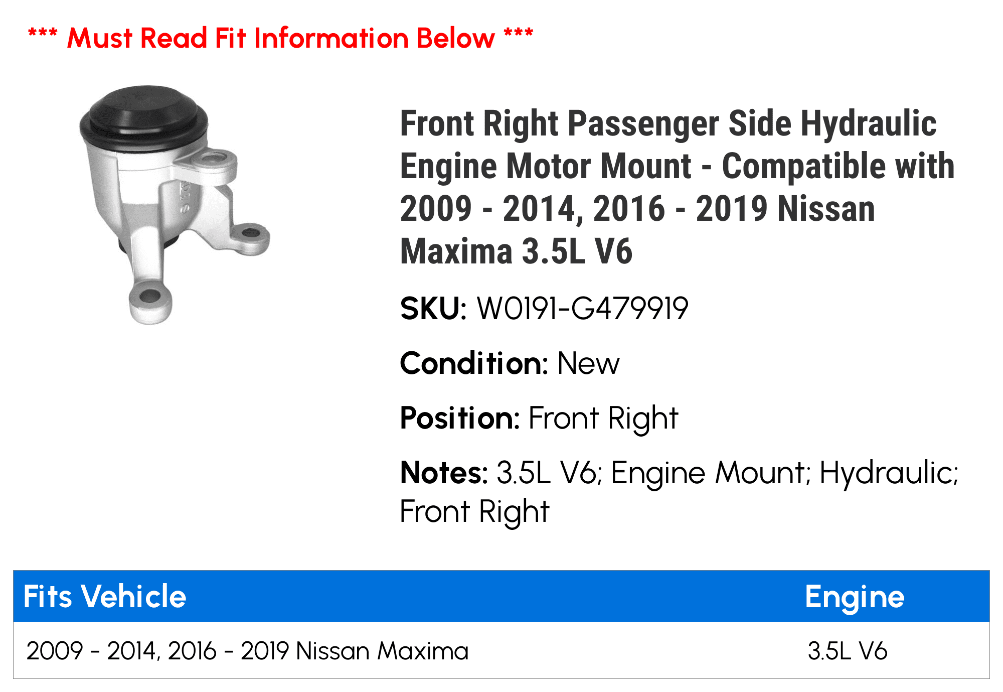 Front Right Passenger Side Hydraulic Engine Motor Mount - Compatible with 2009 - 2014, 2016 - 2019 Nissan Maxima 3.5L V6 2010 2011 2012 2013 2017 2018