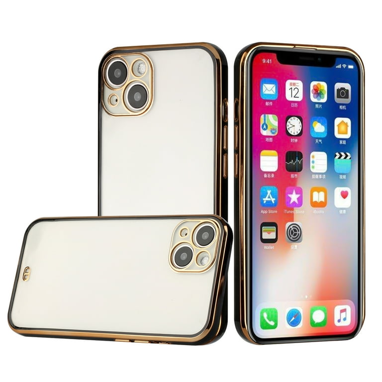 for Apple iPhone 14 (6.1 inch) Golden Chrome Frame Transparent Hybrid with Lens Protector Shockproof Bumper Hard PC Back Phone Case Cover by Xpression