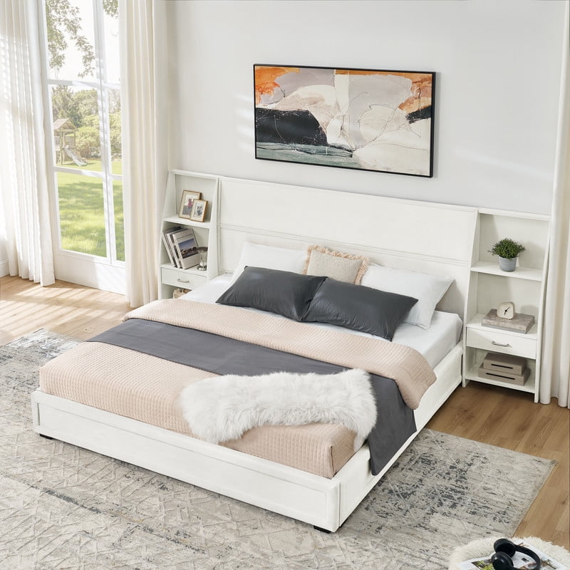 Queen/King Size Modern Upholstered Platform Bed Frame, Velvet Storage Bed with Headboard, Side Bookcases & Drawers Nightstand
