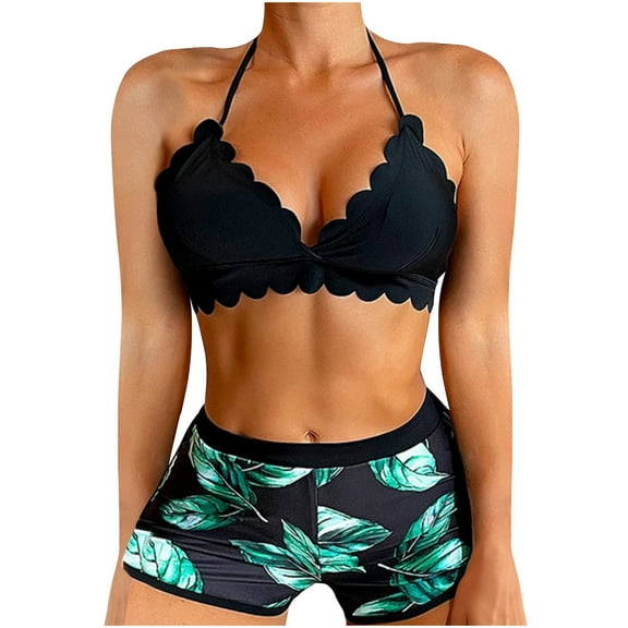 WREESH Womens Two Piece Swimsuit Halter Bikini Set Printed Leaf Print Split Swimsuit Suspender Flat Angle Split Swimsuit Set with Boyshorts Beach Bathing Suit Green