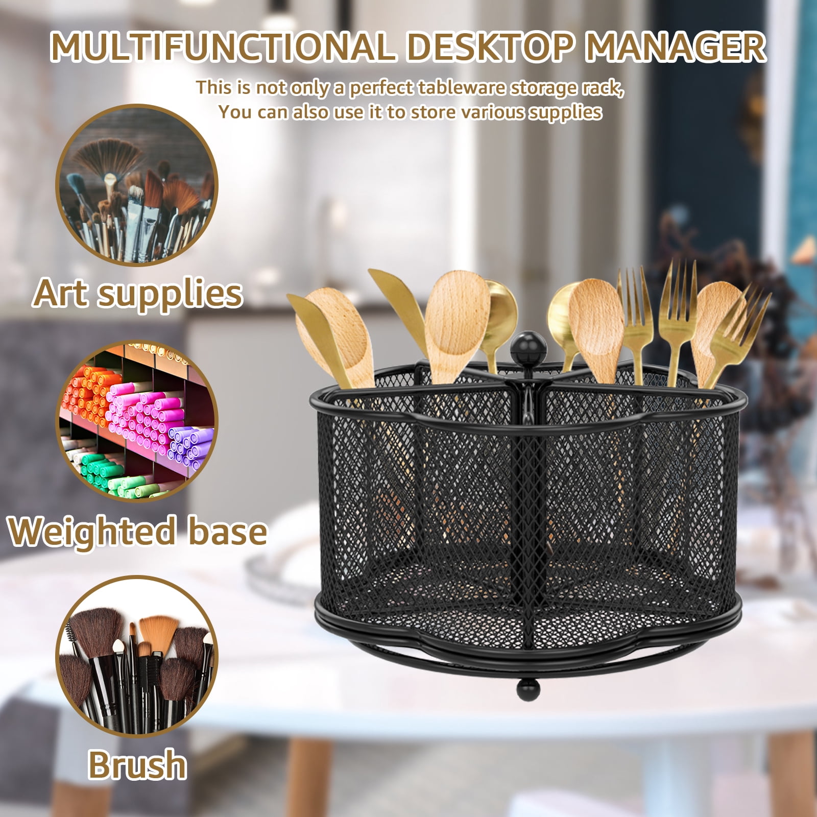 Tzdxfgl 360° Rotating Kitchen Metal Utensil Holder, 5 Compartment Countertop Silverware Organizer, Black