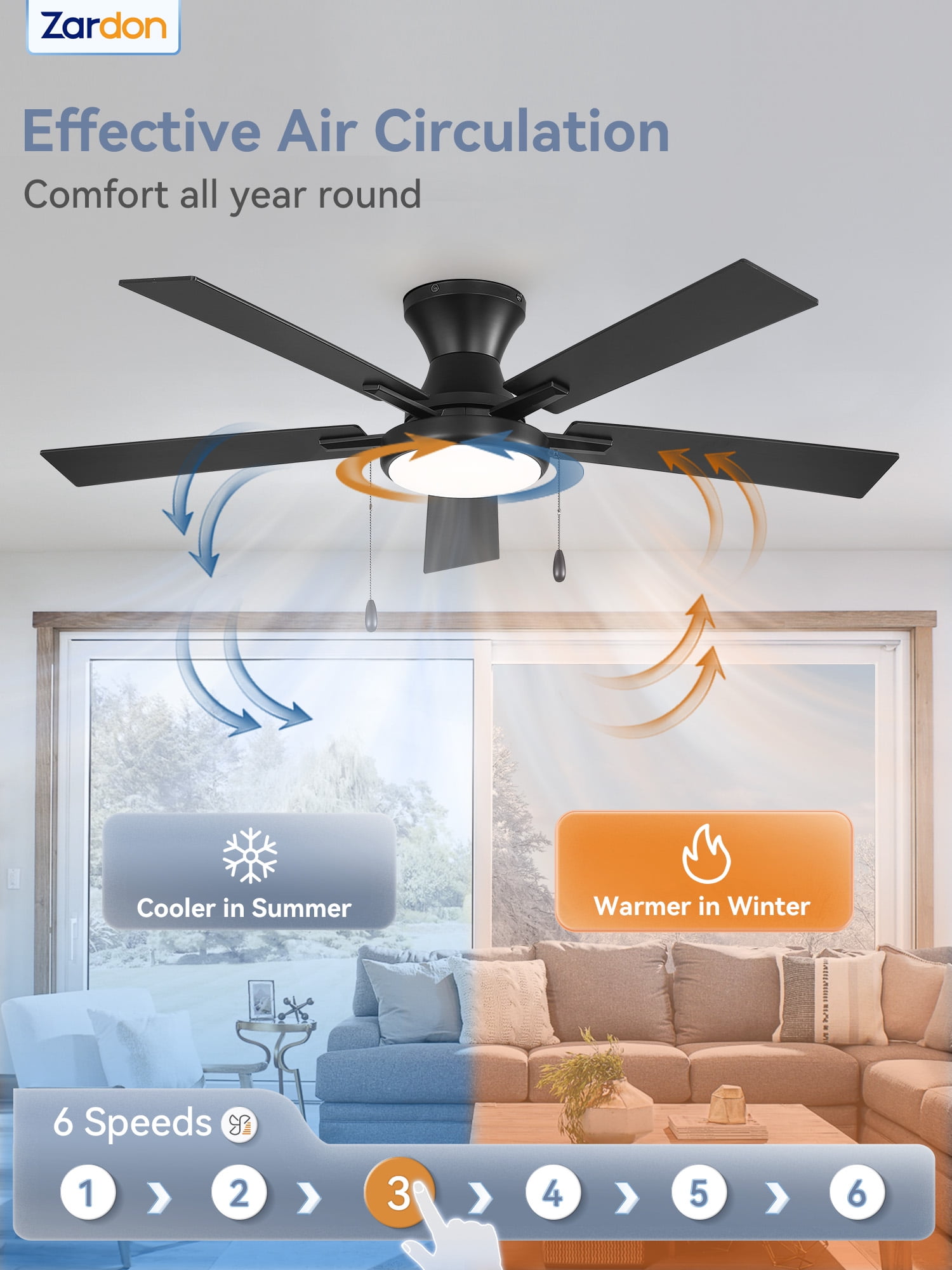 Zardon 52" Modern Ceiling Fan with Light and Remote Control & Dual Pull-Chain, Black Ceiling fans for Bedroom Living Room Indoor, 6 Speed, Ultra-Quiet DC Motor
