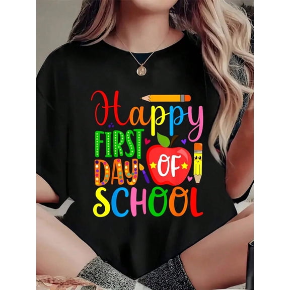 Plus Size Happy First Day Of School Teacher And Student Back To School T-Shirt, Casual Crew Neck Short Sleeved Summer Top