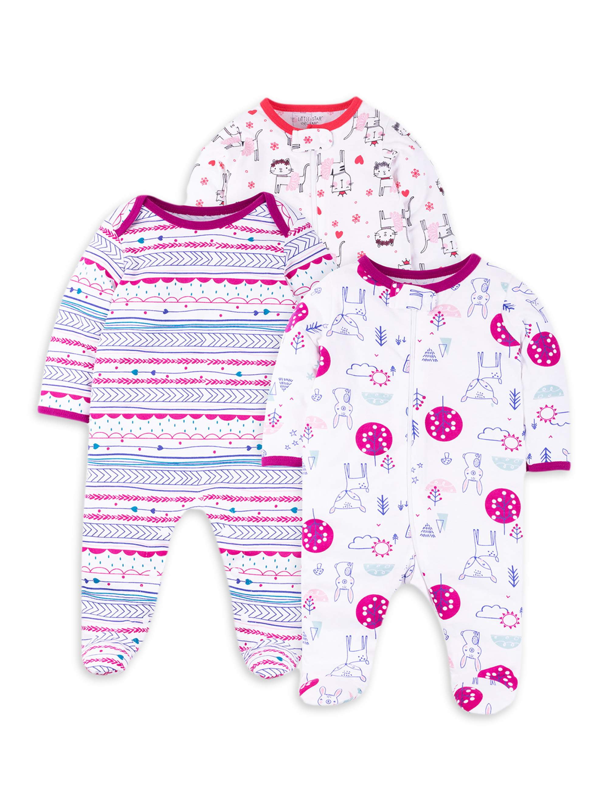 Little Star Organic Baby Girl Sleep 'N Play Pajamas, 3Pack (NB6/9M