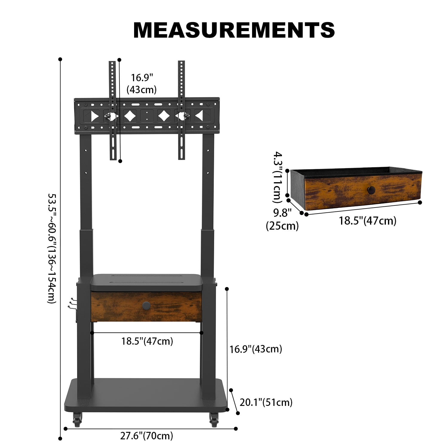 Hellsehen Rolling TV Stand with Fabric Drawers for 32-75 inch Flat Curved Screens up to 220lbs Adjustable Height