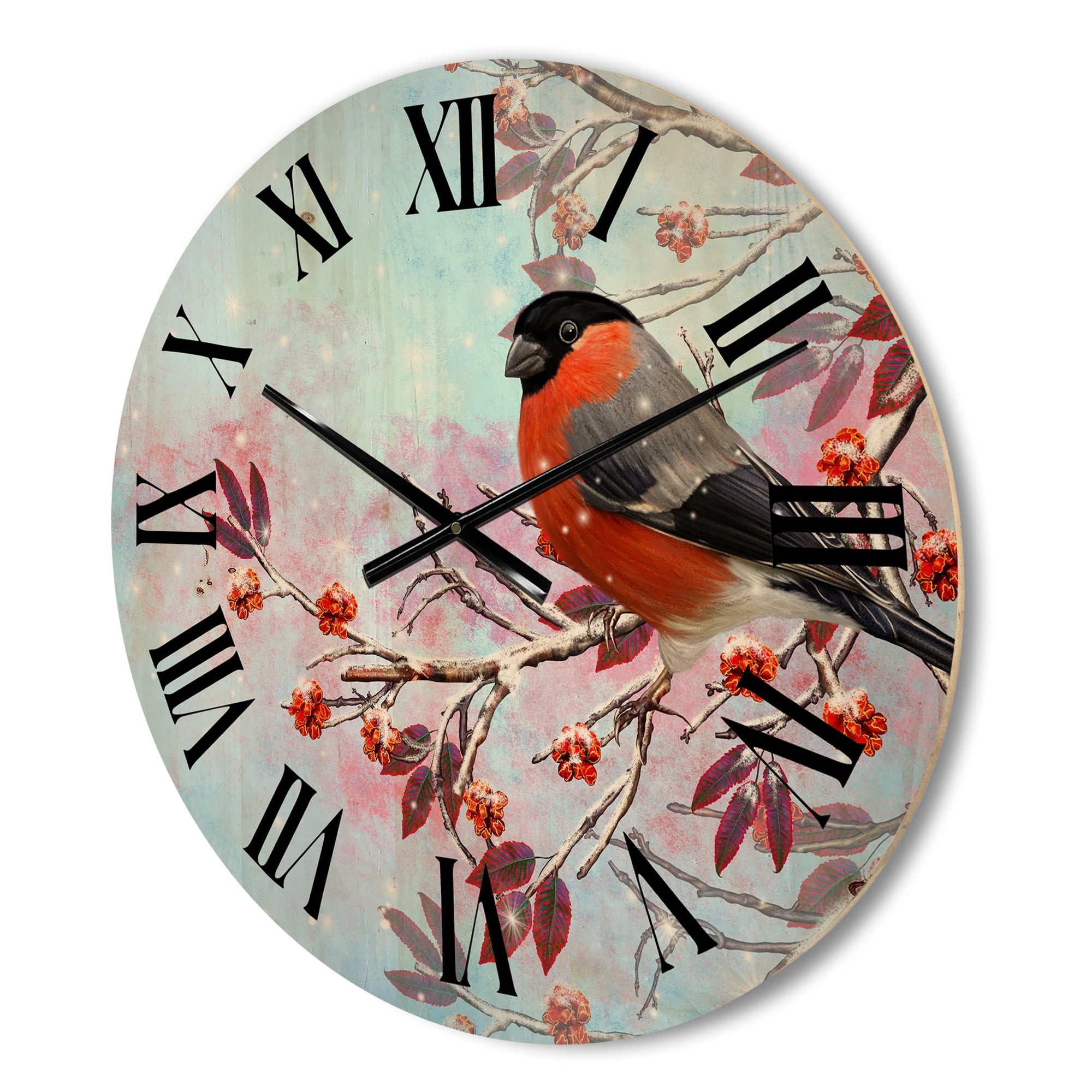 Designart 'A Bright Bullfinch Bird Sitting On A Branch' Traditional Wood Wall Clock