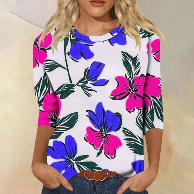 Économies d'Été en Liquidation! Fatuov Blouses à Imprimé Floral pour Femmes T-Shirts Graphiques Décontractés d'Été Mode Col Rond Manches 3/4 Grandes Tailles Hauts Bleus