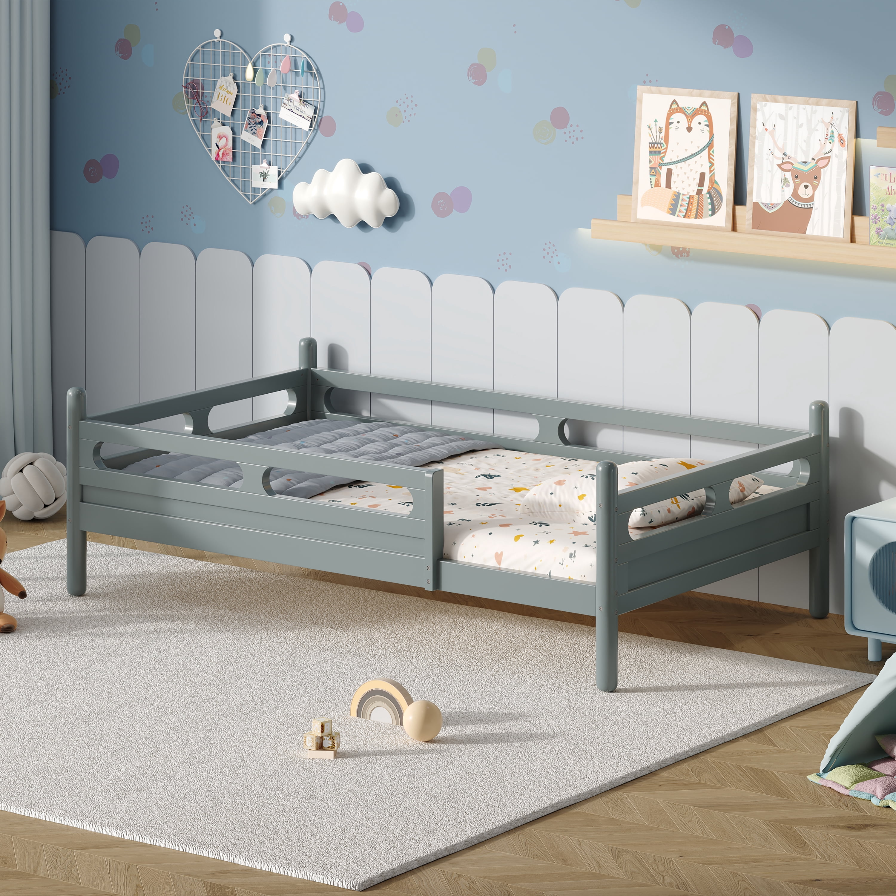 Euroco Wood Twin Size Platform Bed, Low Profile Bed with Guardrails and Slats Support, Grey