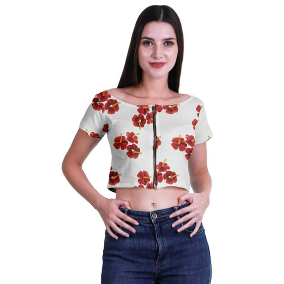 Moomaya Boat Neck Zipper Top Short Sleeve Viscose Jersey Crop Tops For Women