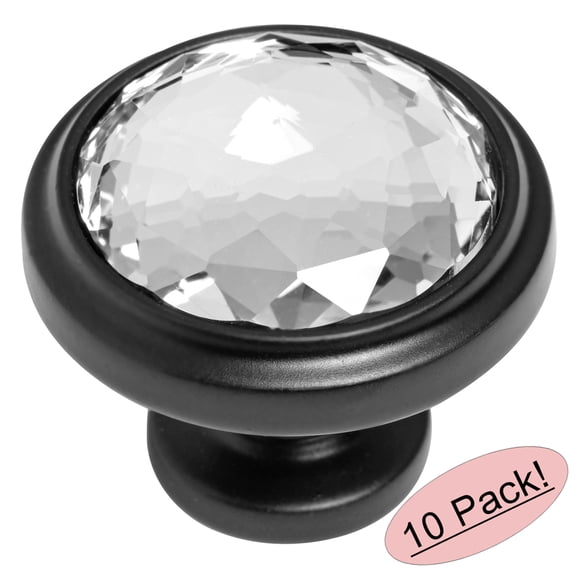 10 Pack - Cosmas 5317FB-C Flat Black Cabinet Hardware Round Knob with Clear Glass - 1-1/4" Diameter