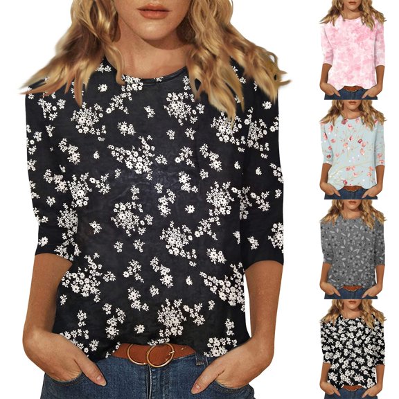 Leidass Women's Floral Print Casual Blouse Soft Pink 3/4 Sleeve Tops Comfortable Loose Fit Spring Summer Shirt Black L