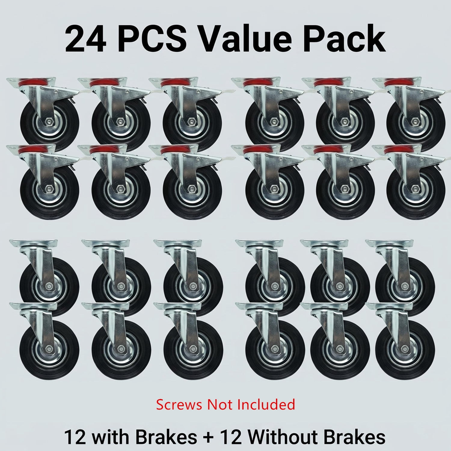 24 Pack 3" Swivel Caster Wheels (12 without Brakes & 12 with Brakes) Top Plate, Heavy Duty Rubber Wheels, Smooth Ball Bearings, Quiet Rolling Casters for Furniture, Carts, Workbench, Industrial Use