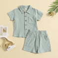 thumbnail image 2 of BLVB Baby Boy Girl Summer Clothes Toddler Infant Cotton Linen Short Sleeve Button up Dress Shirt Pocket Shorts Set 2PCS Outfit(Green AA1,12-18 Months), 2 of 8