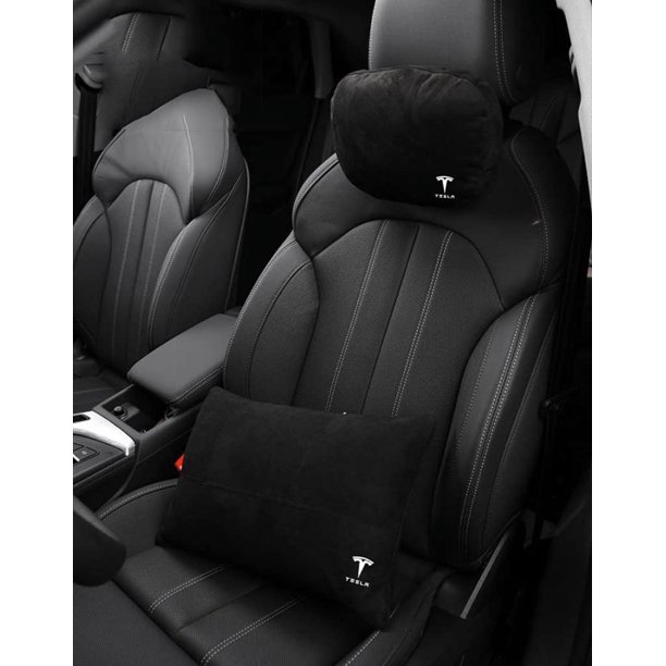 2 piezas de memoria suave para asiento de cintura de coche, reposacabezas, almohada para el cuello, cojín cómodo, estilo de logotipo para Tesla modelo 3 modelo X modelo S modelo Y (negro) JM