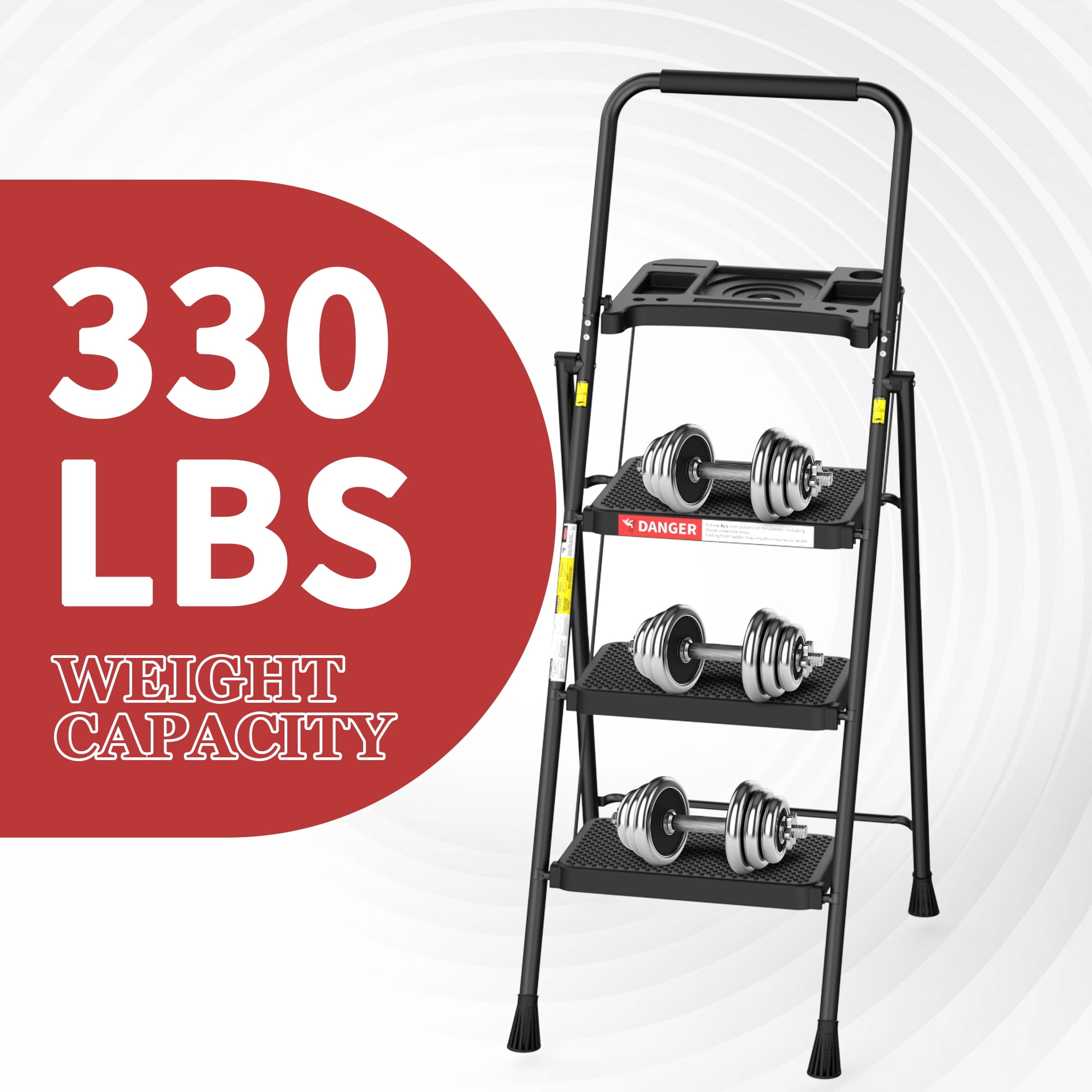LevLad 3 Step Ladder with Tool Tray, 3 Step Stool with Safety Lock, Non-Skid Wide Steps, Household Folding Ladder for Home, Garden, Painting, Outdoor, Garage, Black