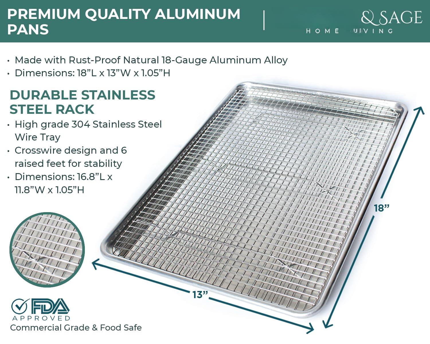 Commercial Quality Cookie Sheet and Rack - Aluminum Half Sheet Baking Pan and Stainless Steel Cooling Rack Set 13x18 Rust & Warp Resistant, Heavy Duty