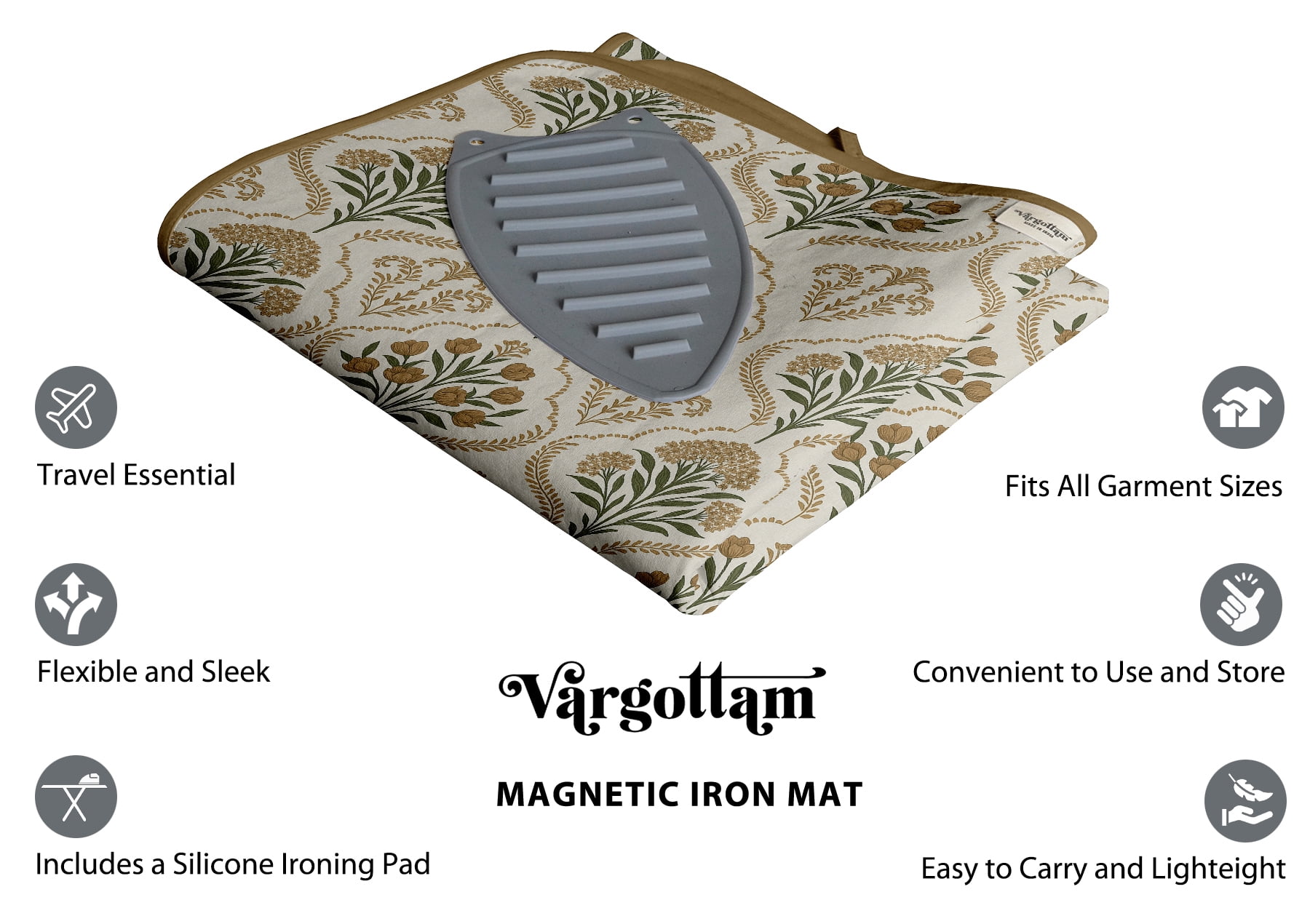 Vargottam Magnetic Ironing Mat - Foldable Cotton Iron Mat with Fiber Pad & Silicone Iron Rest - Portable, Washable, Travel-Friendly Ironing Board Alternative for Tabletop, Washer, Dryer - Floral