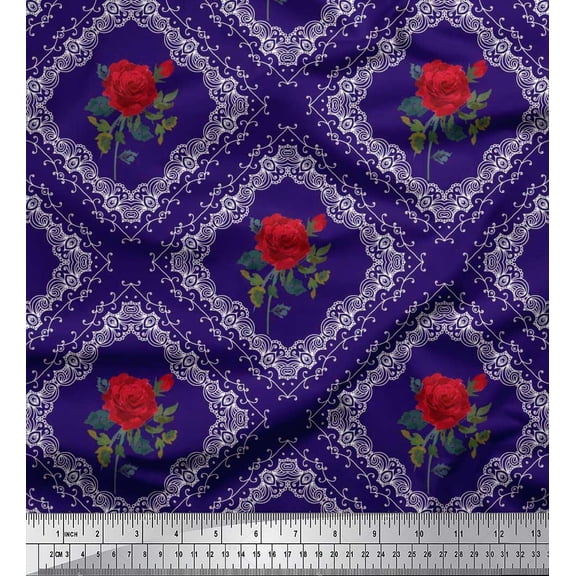 Soimoi Cotton Duck Fabric Check,Leaves & Rose Floral Print Fabric by The Yard 42 Inch Wide