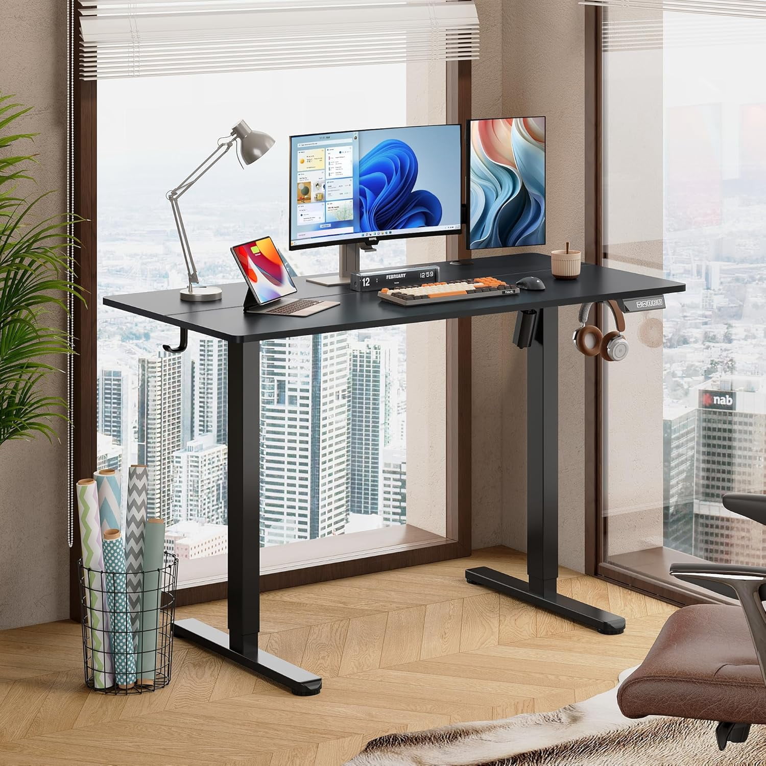 MorandiMal 48 Inch Electric Standing Desk, 3 Adjustable Height Stand up Desk for Home Office, Ergonomic Sit to Stand Desk with LED Touchscreen, Headphone Hook, 3 Memory Preset Computer Desk (Black)