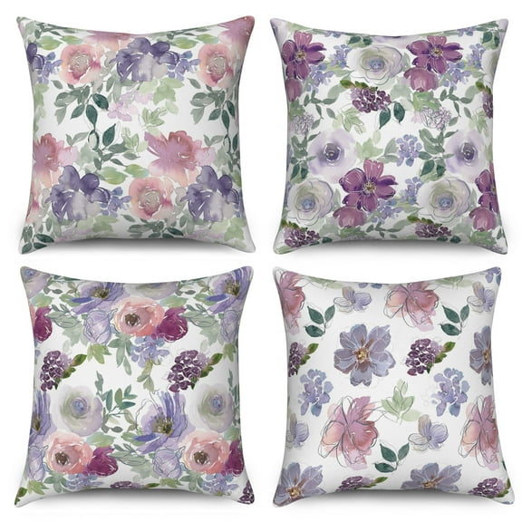 Pbobriich Oil Painting Throw Pillow Covers, Purple Floral Linen Pillow Case for Sofa and Living Room, 18''x18'' Set of 4