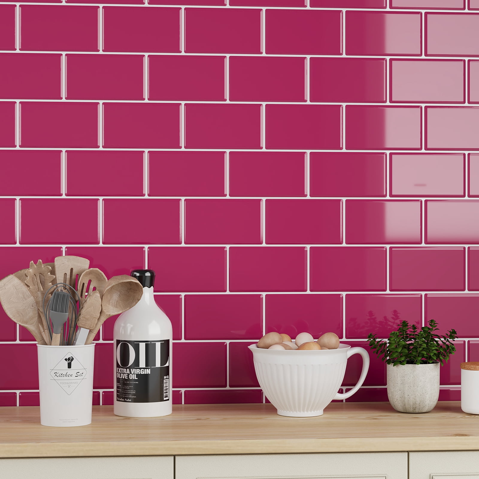 VEELIKE Berry Pink Subway Tile Peel and Stick Backsplash for Kitchen Waterproof 12"x12" 6 Sheets Backsplash Tiles Self Adhesive Wall Tiles Renter Friendly Backsplash Stick on Tile for Bathroom