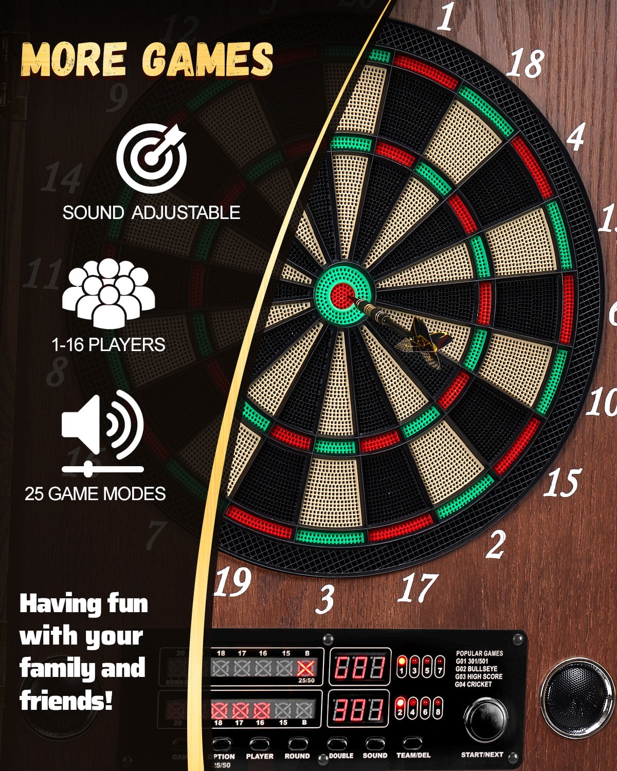 Yirinatek Electronic Dart Board, Decorative Dart Board Cabinet Set for Adults [12*Bronze Soft Tip Darts] [Cricket Game Mode]- Wooden Electric Dartboard Cabinet for Family Game Rooms [Coffee]
