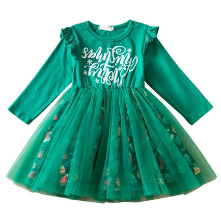 

WUXIAN Toddler Kids Baby Girls Christmas Outfit Green Long Sleeve Tutu Dress Xmas Princess Lace Dresses Infants Sundress Children Versatile Dailywear