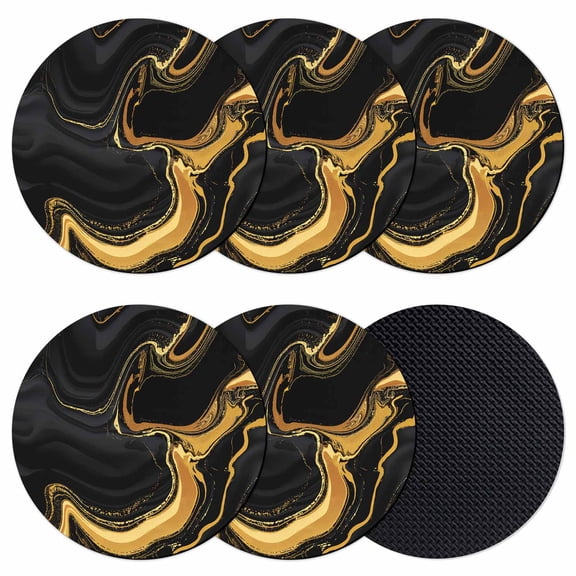 Marble Black Coasters Set of 6, Vintage Gold Art Abstract Farmhouse Absorbent Coasters for Drinks, Coaster for Bar Office Dining Coffee Table Accessories Decor, Non Slip Round Desk Coaster
